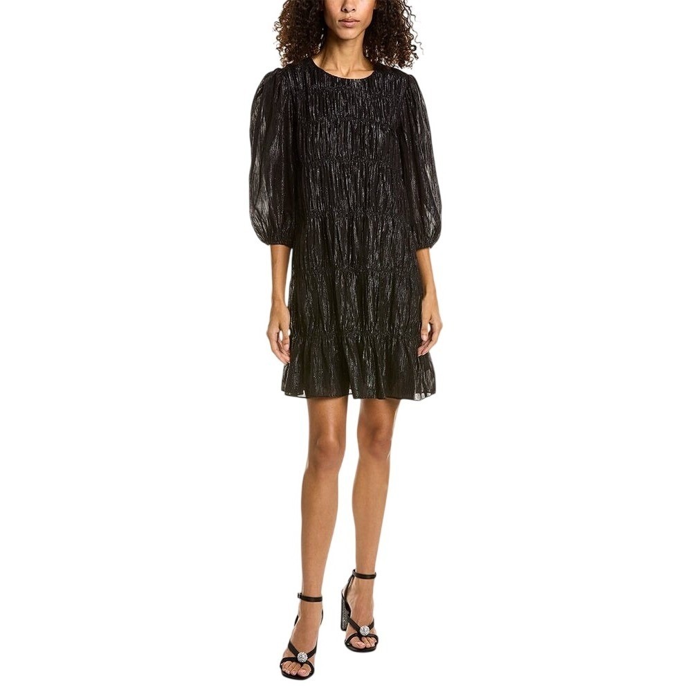 Trina Turk Shift Dress Womens Medium Black Metallic Tiered Puff‎ Sleeve